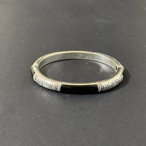 Brighton Wiltern Hinged Bangle Silver Black Enamel Rhinestone Floral Bracelet